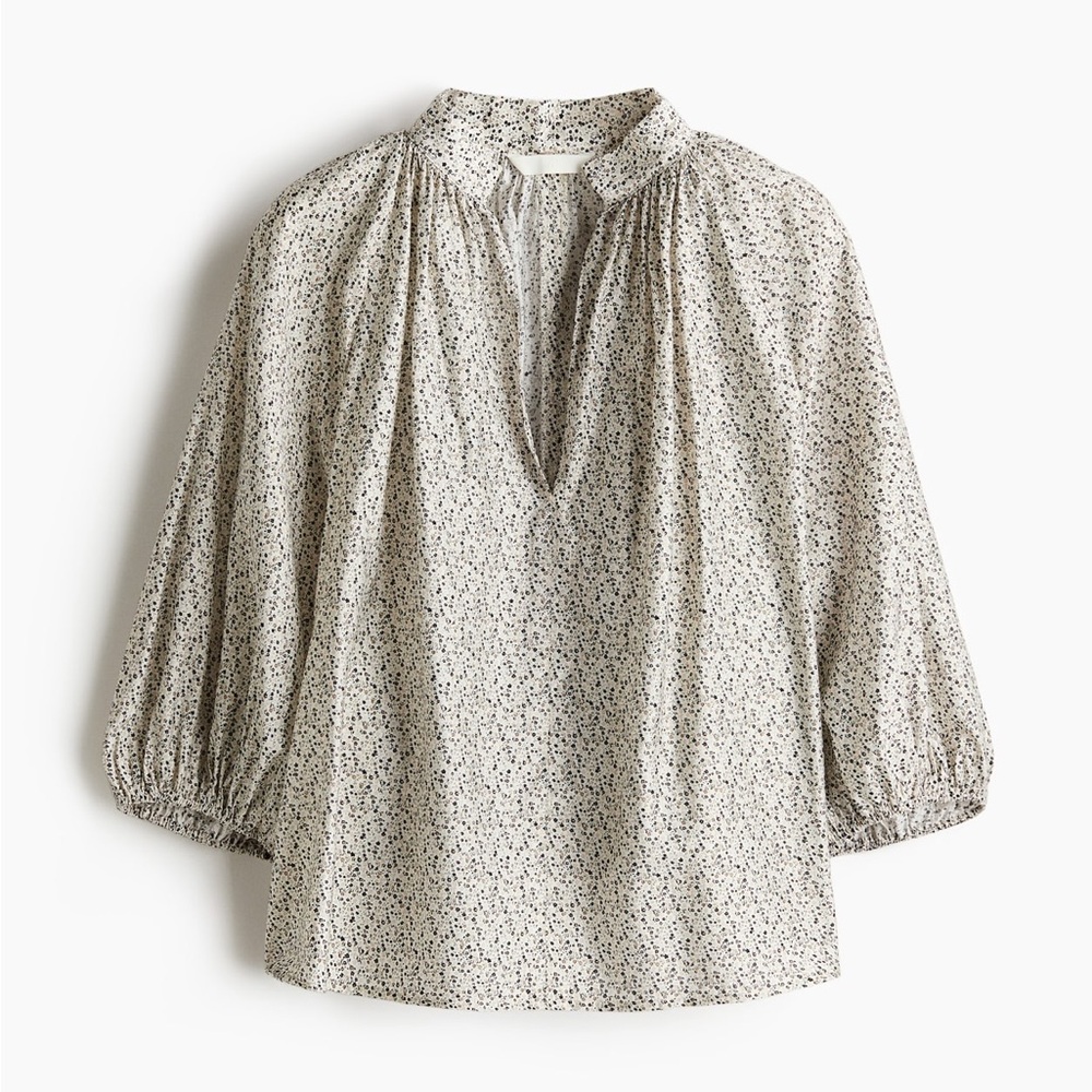 NWOT H&M Balloon Sleeve Floral Neutral V-Neck Blouse Size XS